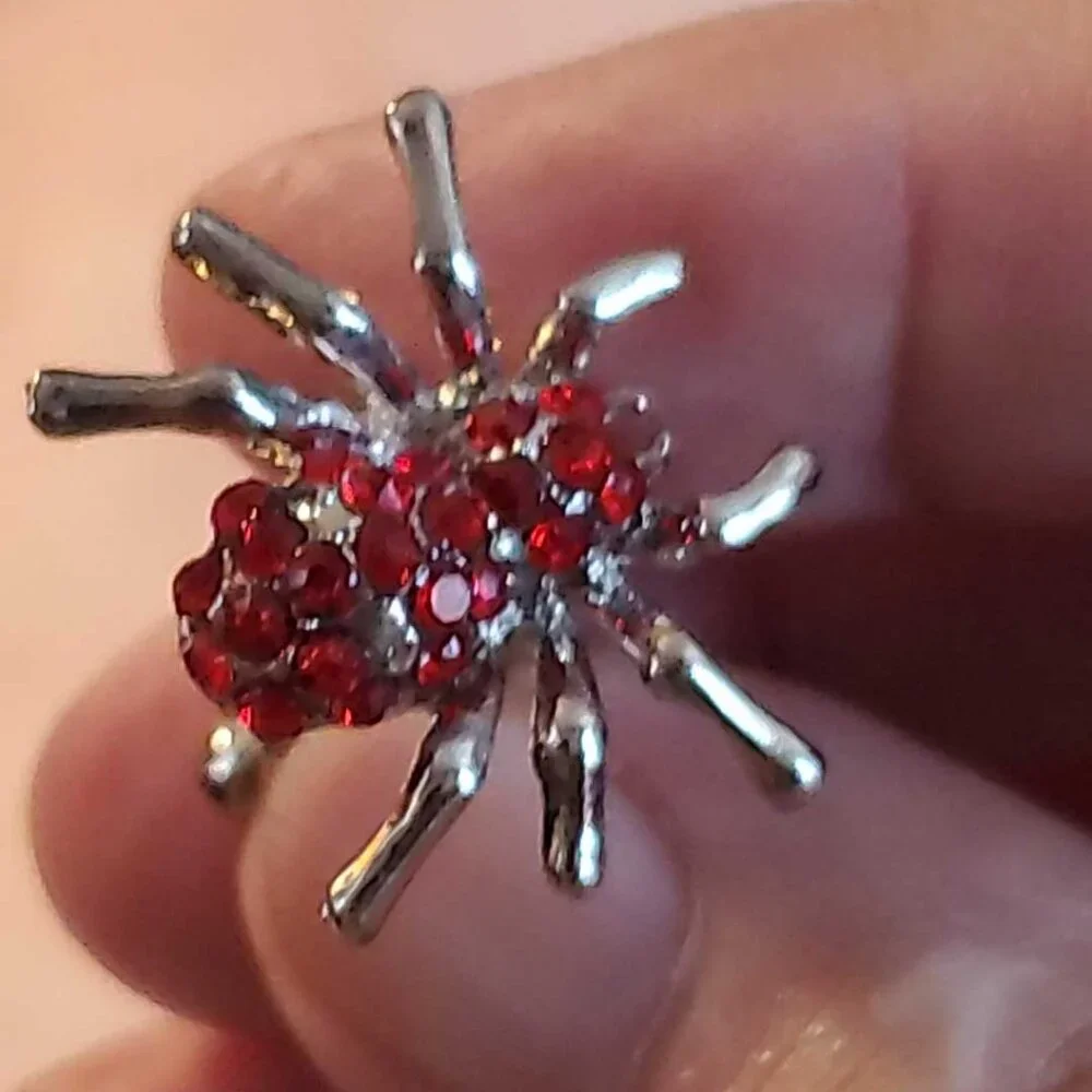 NWT Silver Plated Spider Cufflinks - Bright Red Rhinestones Halloween Gift Goth
